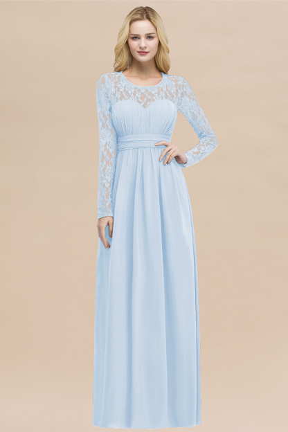 Elegant A-Line Chiffon Jewel Long Sleeves Ruffles Floor-Length Bridesmaid Dresses