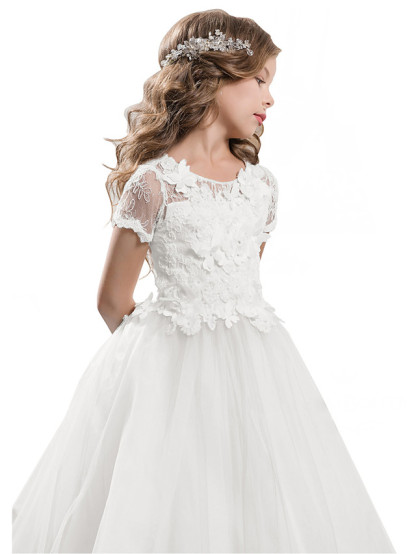 Long A-line Tulle Jewel Neck Appliques Lace Flower Girl Dresses with Sleeves