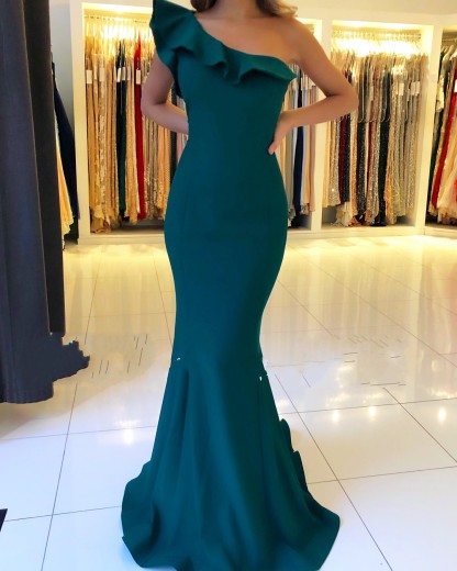 Vintage One Shoulder Floor-length Backless Mermaid Prom Dress With Ruffles