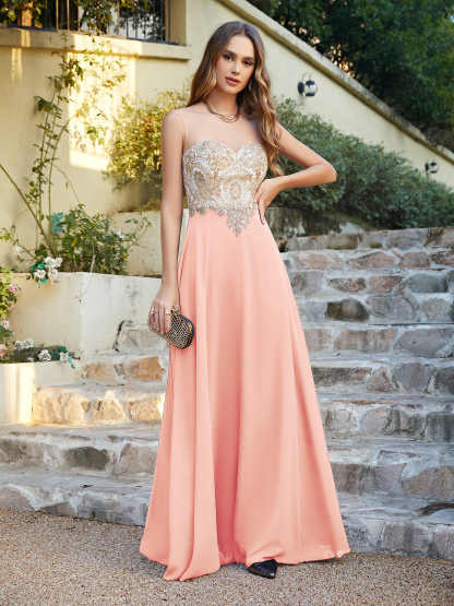 Elegant Long A-line Chiffon Sleeveless Tulle Lace Appliques Prom Dress
