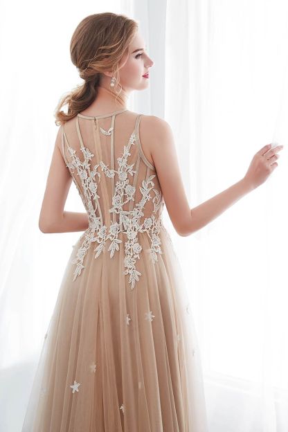 Long A-line Sleeveless Appliqued Lace Tulle Floor Length Evening Dresses