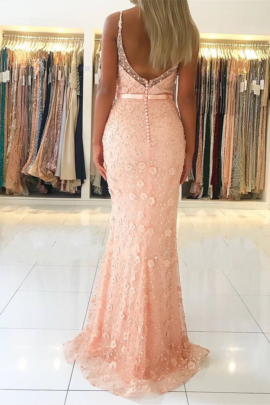 Classy Spaghetti Straps Sweetheart Lace Open Back Mermaid Prom Dress