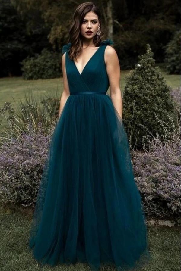 Elegant Long A-line V-neck Tulle Floor-length Prom Dress