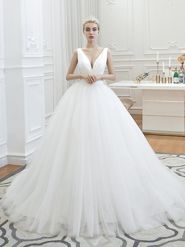 Elegant White Long Ball Gown V-neck Court Train Tulle Wedding Dresses