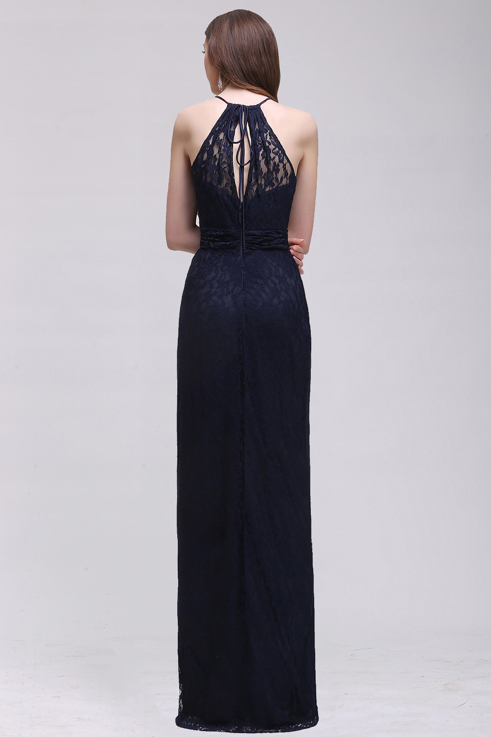 Elegant A-Line Lace Halter Sleeveless Floor-length Bridesmaid Dress