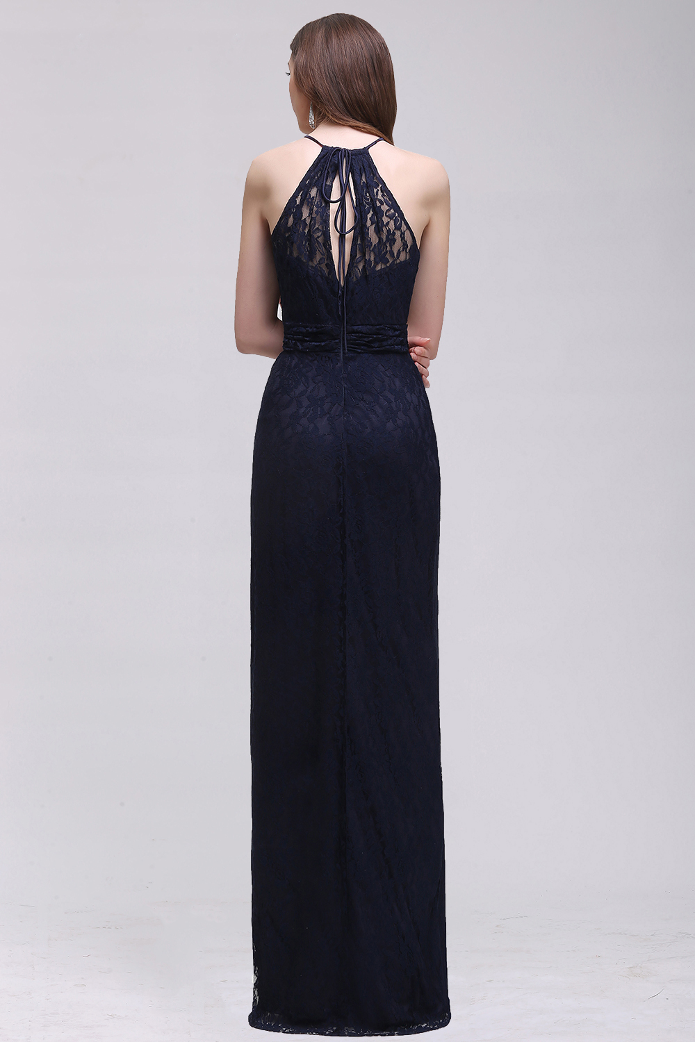Elegant A-Line Lace Halter Sleeveless Floor-length Bridesmaid Dress