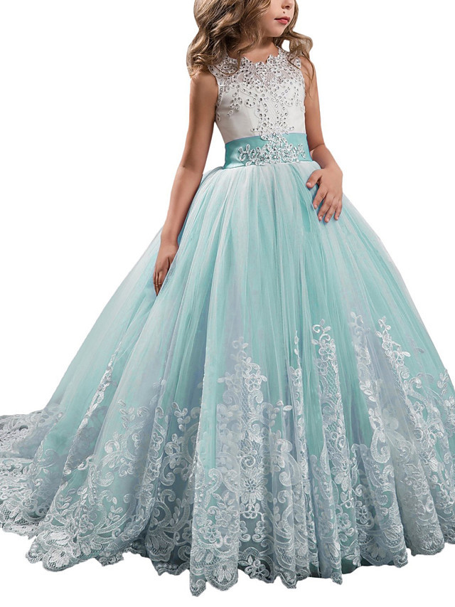 Princess Sleeveless Jewel Neck Pageant Flower Girl Dresses With Bow(S)