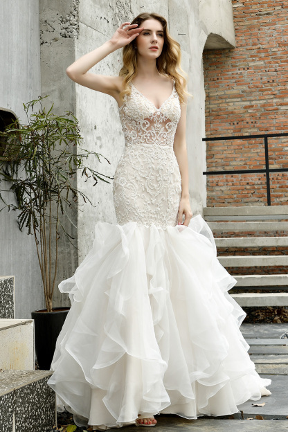 Ivory Long Mermaid V-neck Lace Tulle Ruffles Wedding Dress