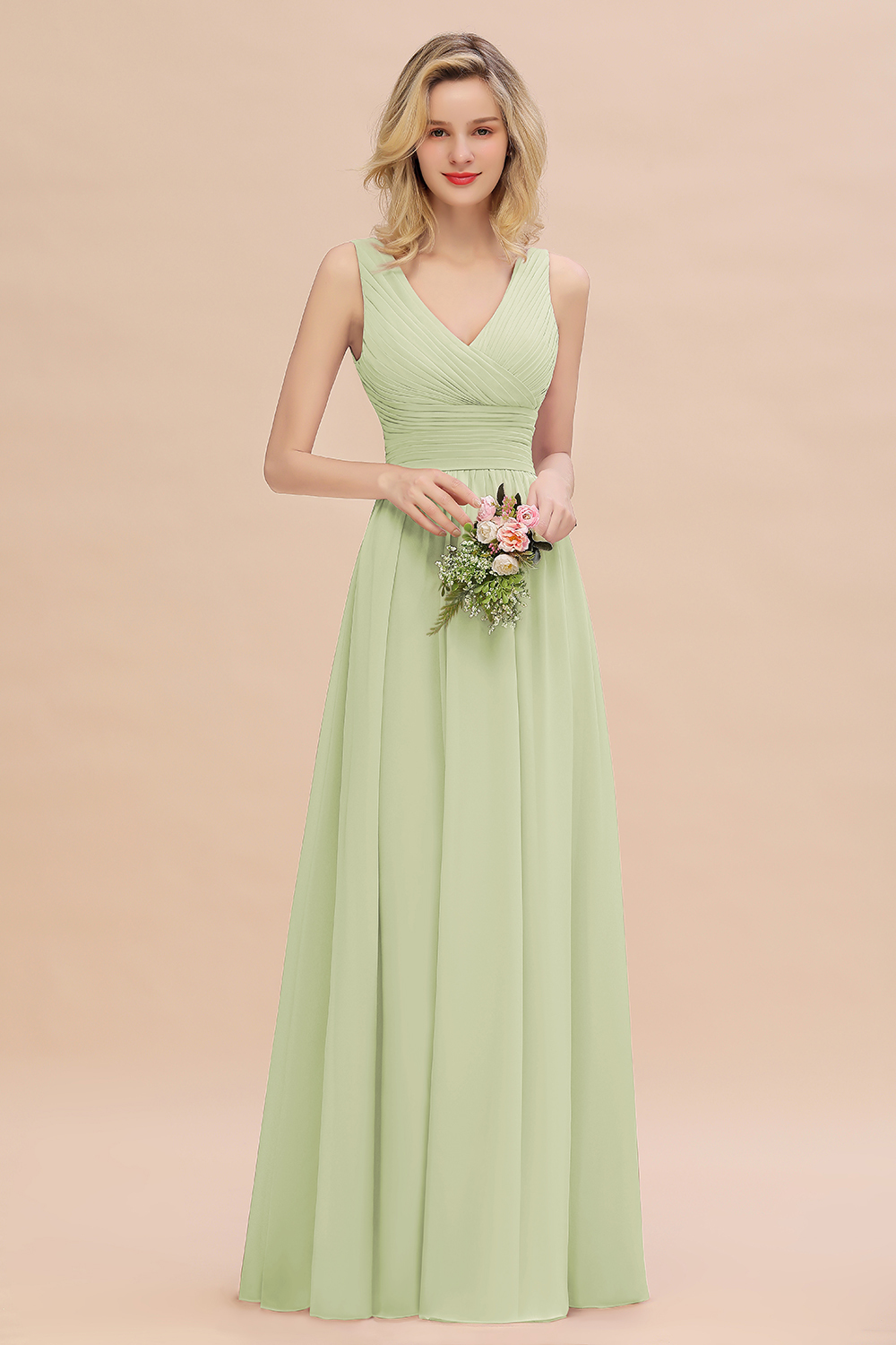 Elegant A-line V-Neck Ruffles Long Bridesmaid Dress