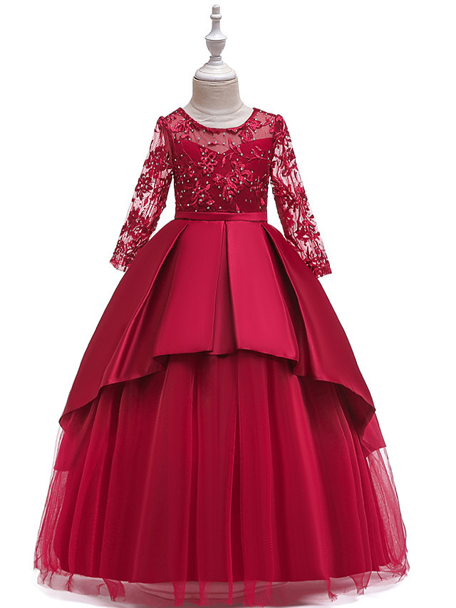 Princess Floor Length Wedding / Party / Pageant Flower Girl Dresses - Lace / Satin / Tulle Long Sleeve Jewel Neck With Lace / Belt / Crystals