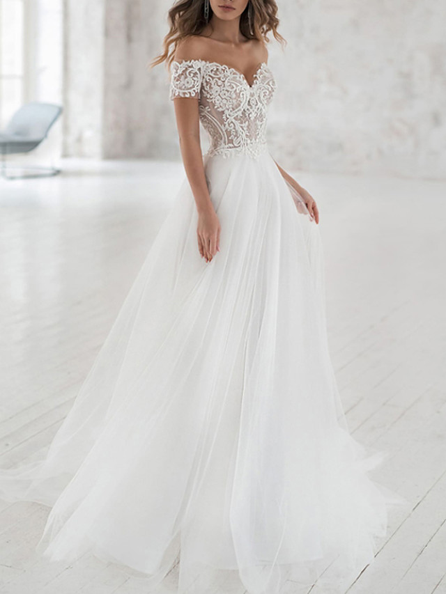 A-Line Wedding Dresses Off Shoulder Sweep \ Brush Train Lace Tulle Short Sleeve Beach Boho Sexy See-Through