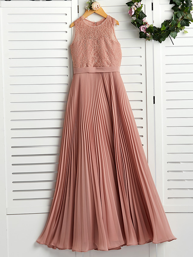 Dusty Rose Long A-line Chiffon Lace Junior Bridesmaid Dress