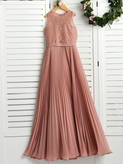 Dusty Rose Long A-line Chiffon Lace Junior Bridesmaid Dress