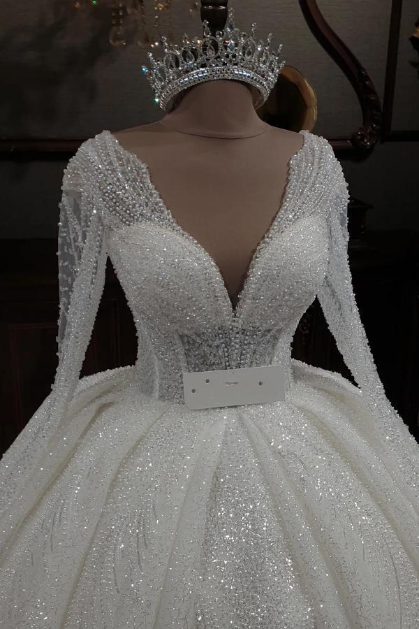 Gorgeous Long Ball Gown V-neck Glitter Sequins Wedding Dresses with Sleeves