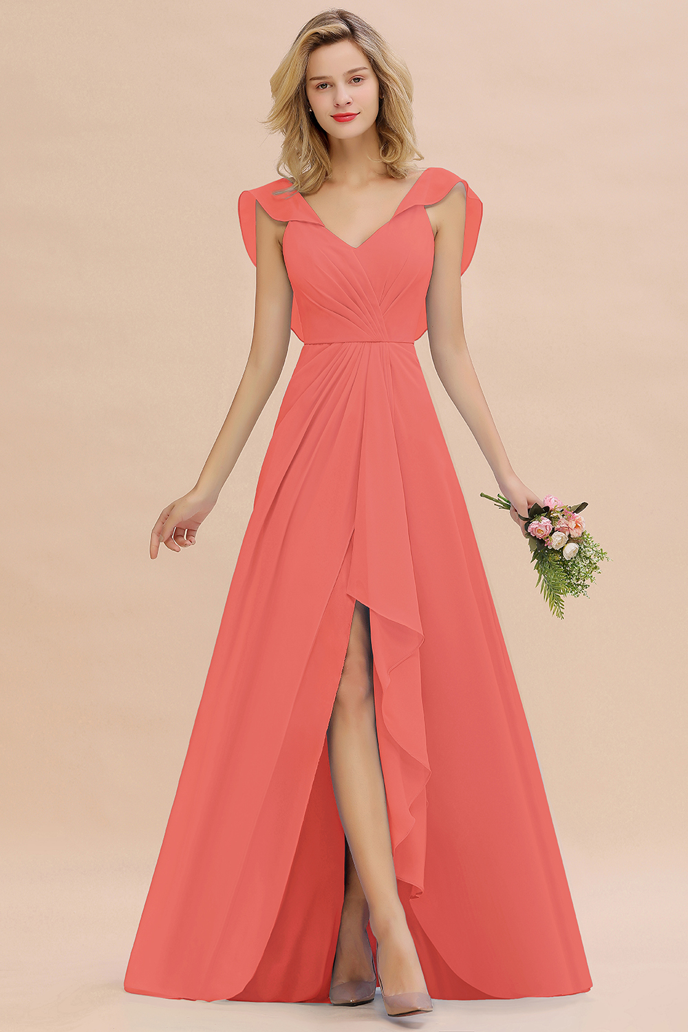 BM0777 Simple Hi-Lo V-Neck Ruffles Long Bridesmaid Dress