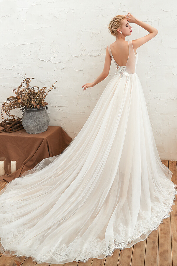 Long A-line V-neck Chapel Train Tulle Wedding Dress