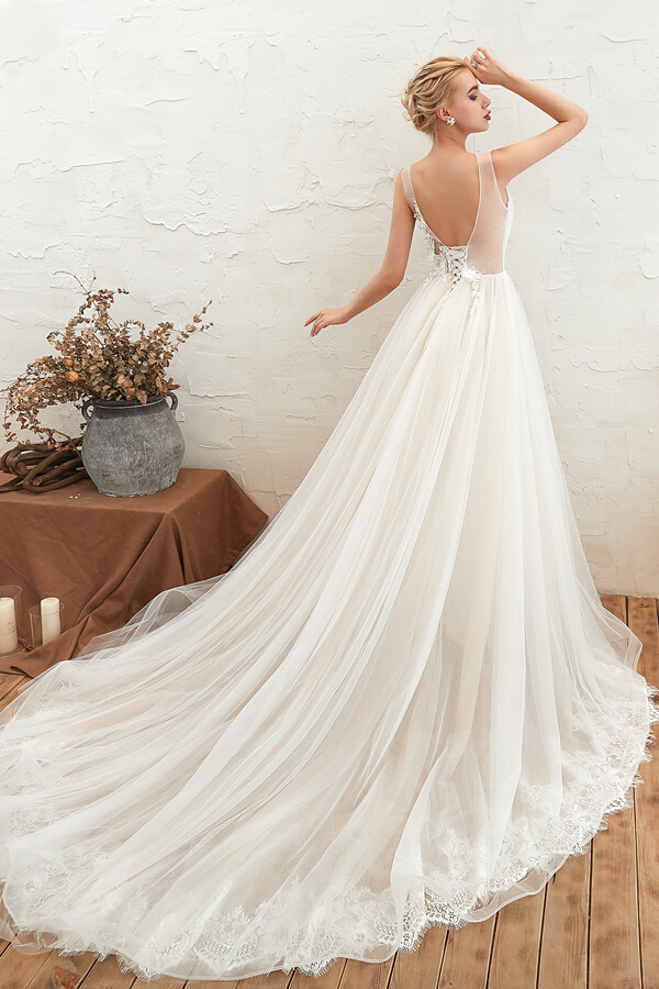 Long A-line V-neck Chapel Train Tulle Wedding Dress