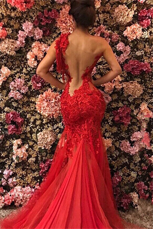 Red Long Mermaid One Shoulder Tulle Lace Backless Prom Dress