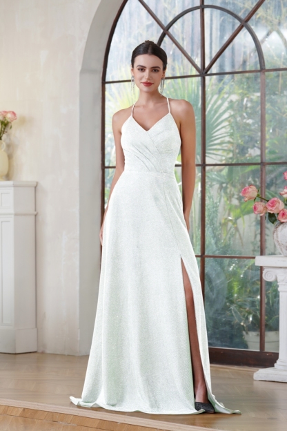 Glitter Long A-line V-neck Halter Front Slit Backless Prom Dresses with Pocket