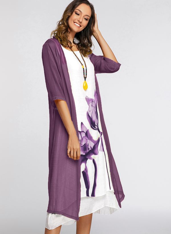 Floral Wrap Round Neckline Midi X-line Dress