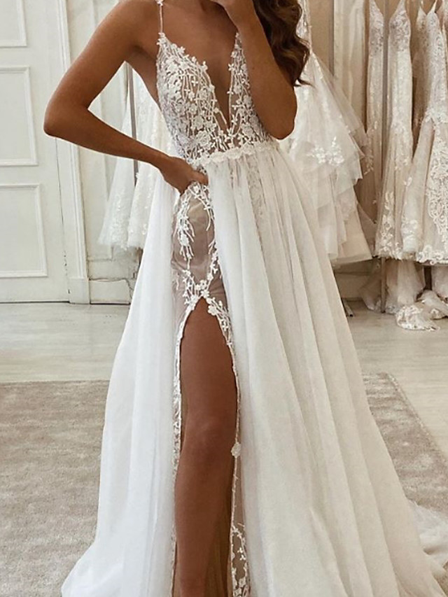 Long A-line V-neck Spaghetti Strap Tulle Chiffon Wedding Dresses with Slit