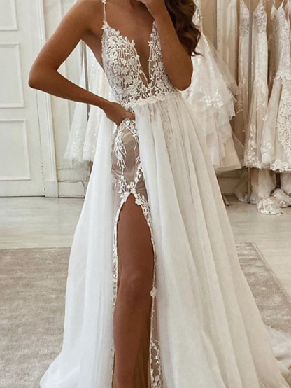 Long A-line V-neck Spaghetti Strap Tulle Chiffon Wedding Dresses with Slit