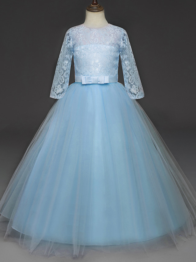 Princess Long Length Wedding / Party / Pageant Flower Girl Dresses - Lace / Tulle Half Sleeve Jewel Neck With Lace / Belt