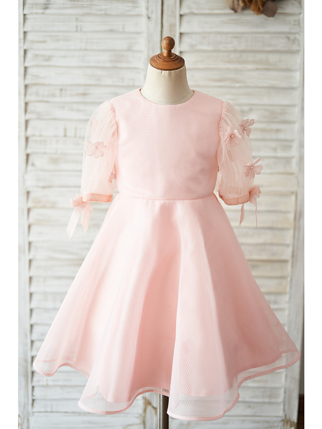 Ball Gown Knee Length Wedding / Birthday Flower Girl Dresses - Tulle Short Sleeve Jewel Neck With Petal / Flower