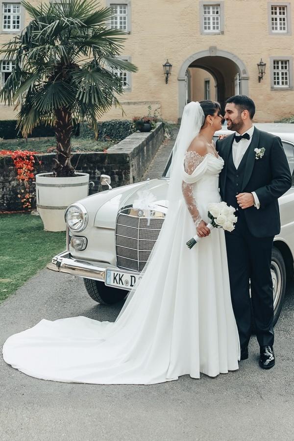 Long Off The Shoulder Split Front A-Line White Wedding Dress with Ruffles
