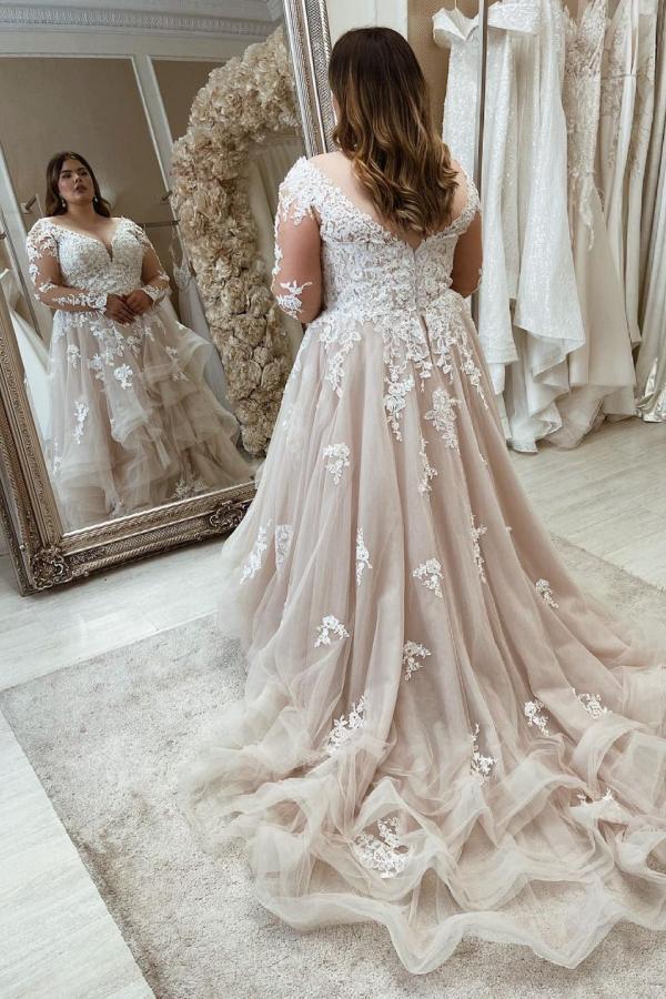 Long Plus Size A-Line Sweetheart Tulle Wedding Dresses with Lace Sleeves
