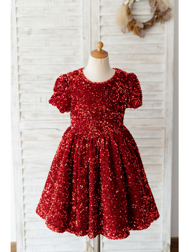 Red Short A-line Knee Length Sequined Flower Girl Dresses with Sleeves