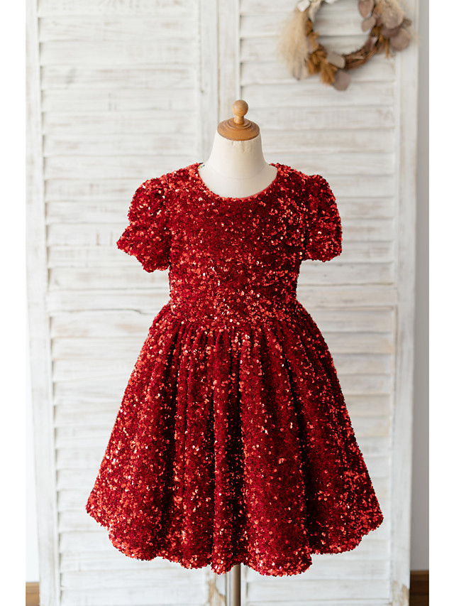 Red Short A-line Knee Length Sequined Flower Girl Dresses with Sleeves