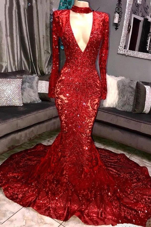 Marvelous Long Sleeves Mermaid High Neck Sequins Prom Dress