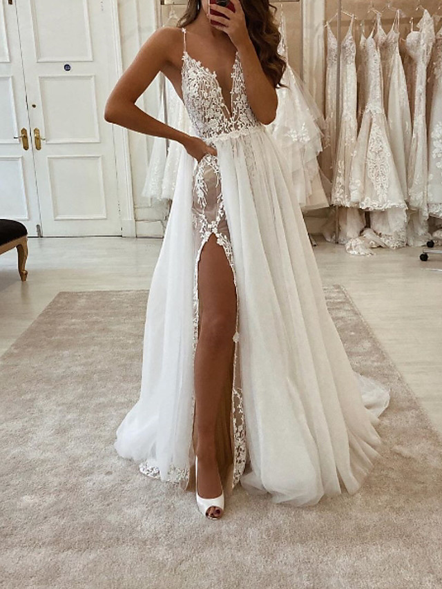 Long A-line V-neck Spaghetti Strap Tulle Chiffon Wedding Dresses with Slit