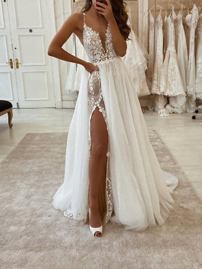 Long A-line V-neck Spaghetti Strap Tulle Chiffon Wedding Dresses with Slit