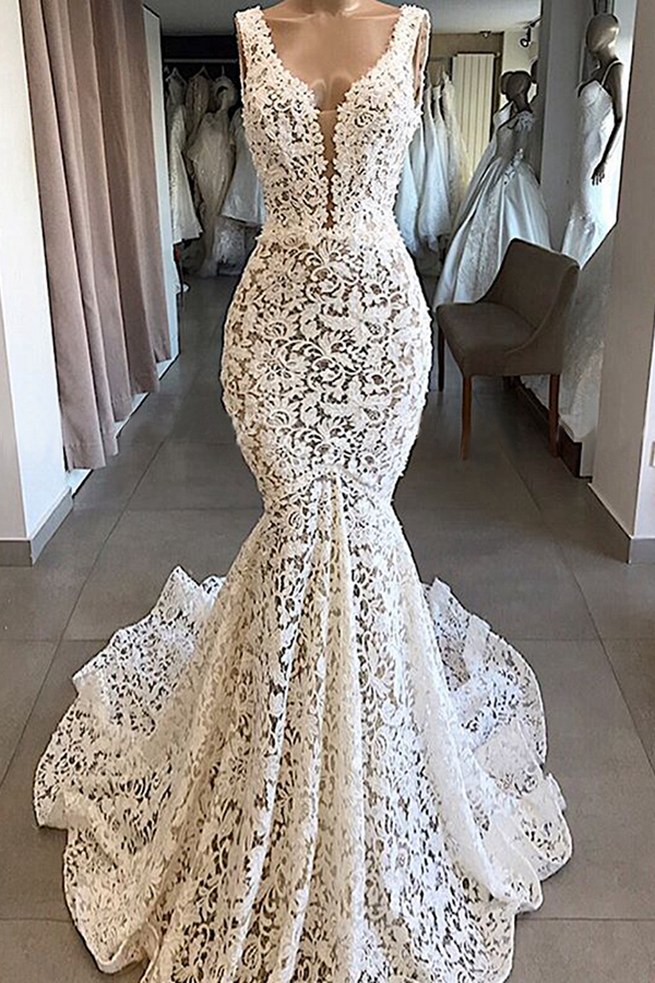 Vintage Long V-neck Mermaid Lace Backless Wedding Dresses