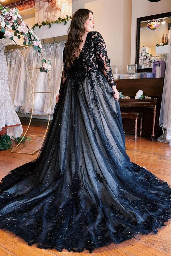 Plus Size Long Ball Gown V-Neck Tulle Appliques Black Wedding Dresses with Sleeves