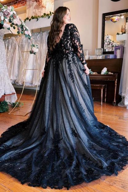 Plus Size Long Ball Gown V-Neck Tulle Appliques Black Wedding Dresses with Sleeves