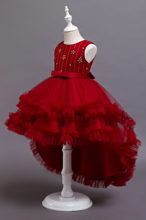 FS9977 Red Belt Tulle Ruffles Flwoer Girl Dress