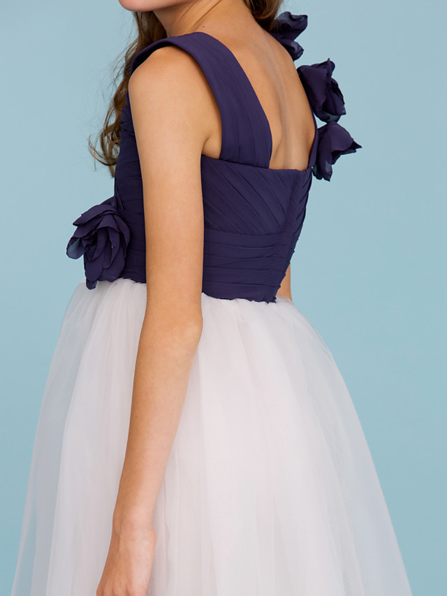 Princess / A-Line Straps Floor Length Chiffon / Tulle Junior Bridesmaid Dress With Criss Cross / Ruched / Flower / Color Block / Floral / Wedding Party