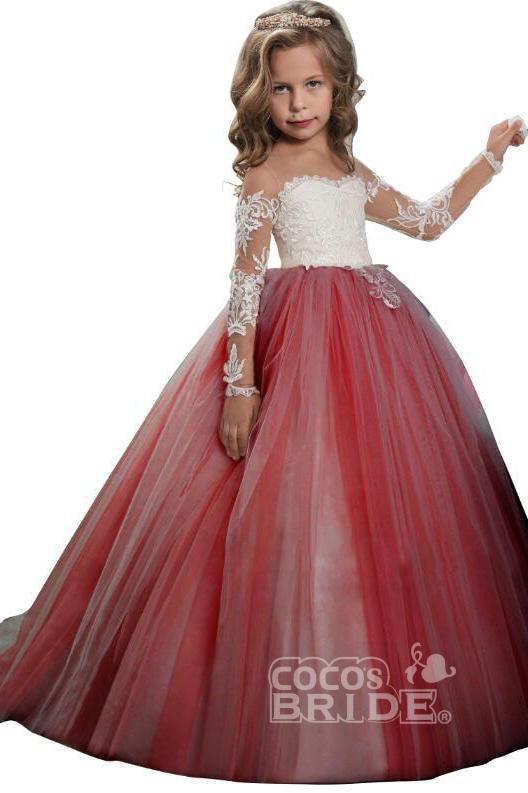 White Scoop Neck Long Sleeves Ball Gown Flower Girls Dress