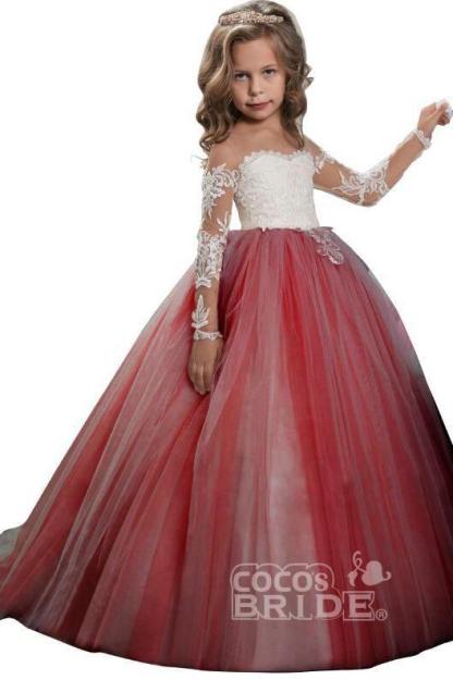 White Scoop Neck Long Sleeves Ball Gown Flower Girls Dress