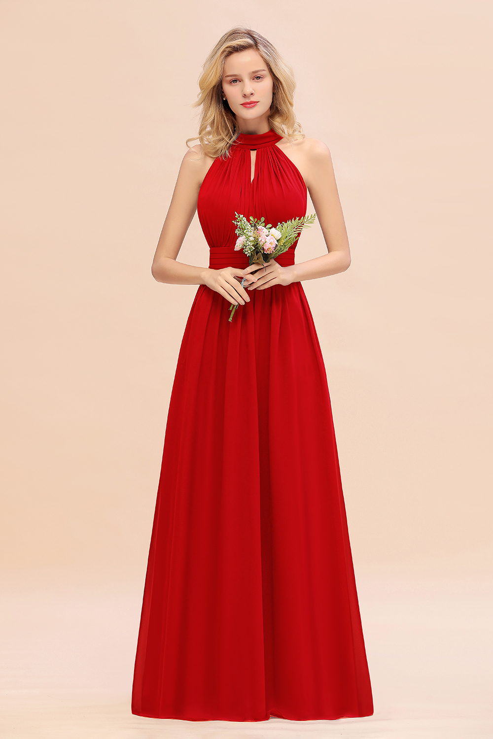 BM0758 Glamorous High-Neck Halter Bridesmaid Affordable Dresses with Ruffle