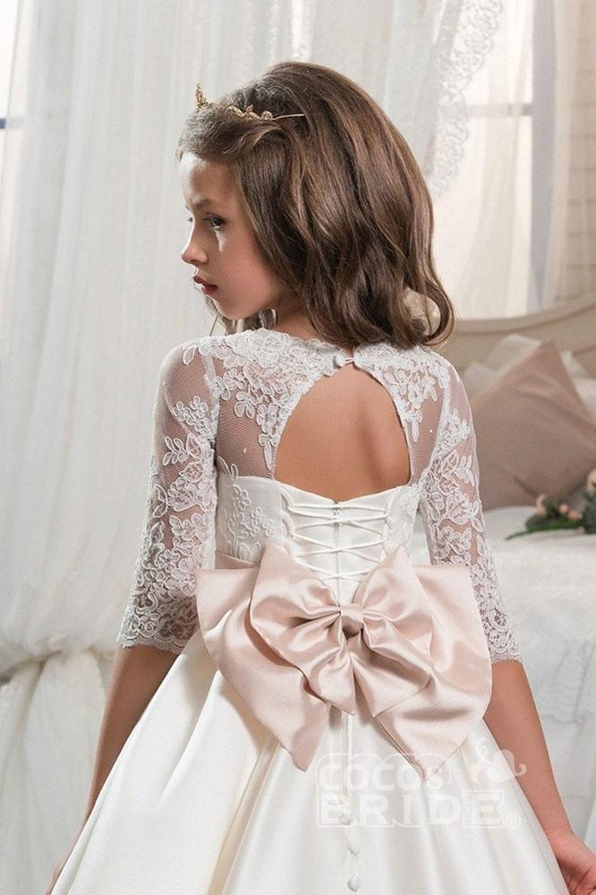 Ivory Scoop Neck Long Sleeves Ball Gown Flower Girls Dress