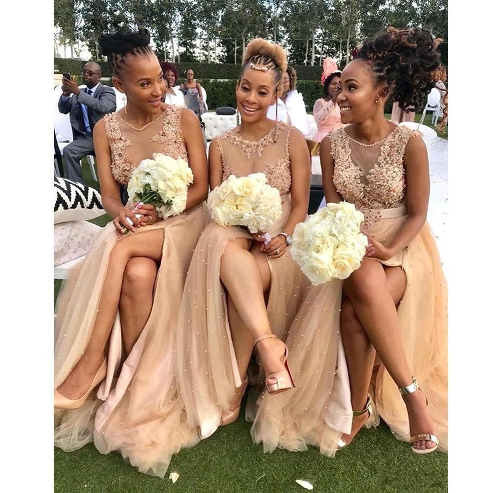 Charming Tulle Lace Appliques Pearl A-Line Bridesmaid Dress With Side Slit