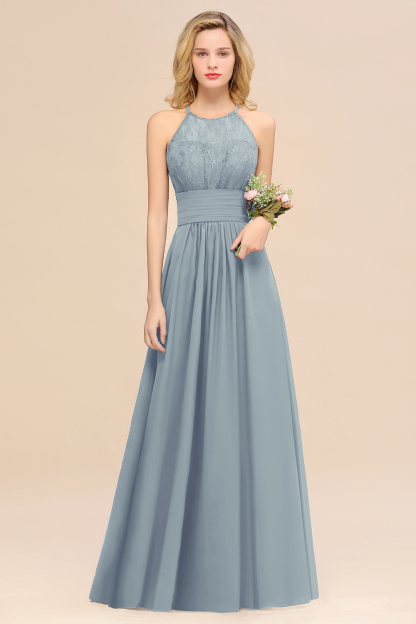 Elegant Halter Ruffles Sleeveless Grape Lace Bridesmaid Dresses Affordable