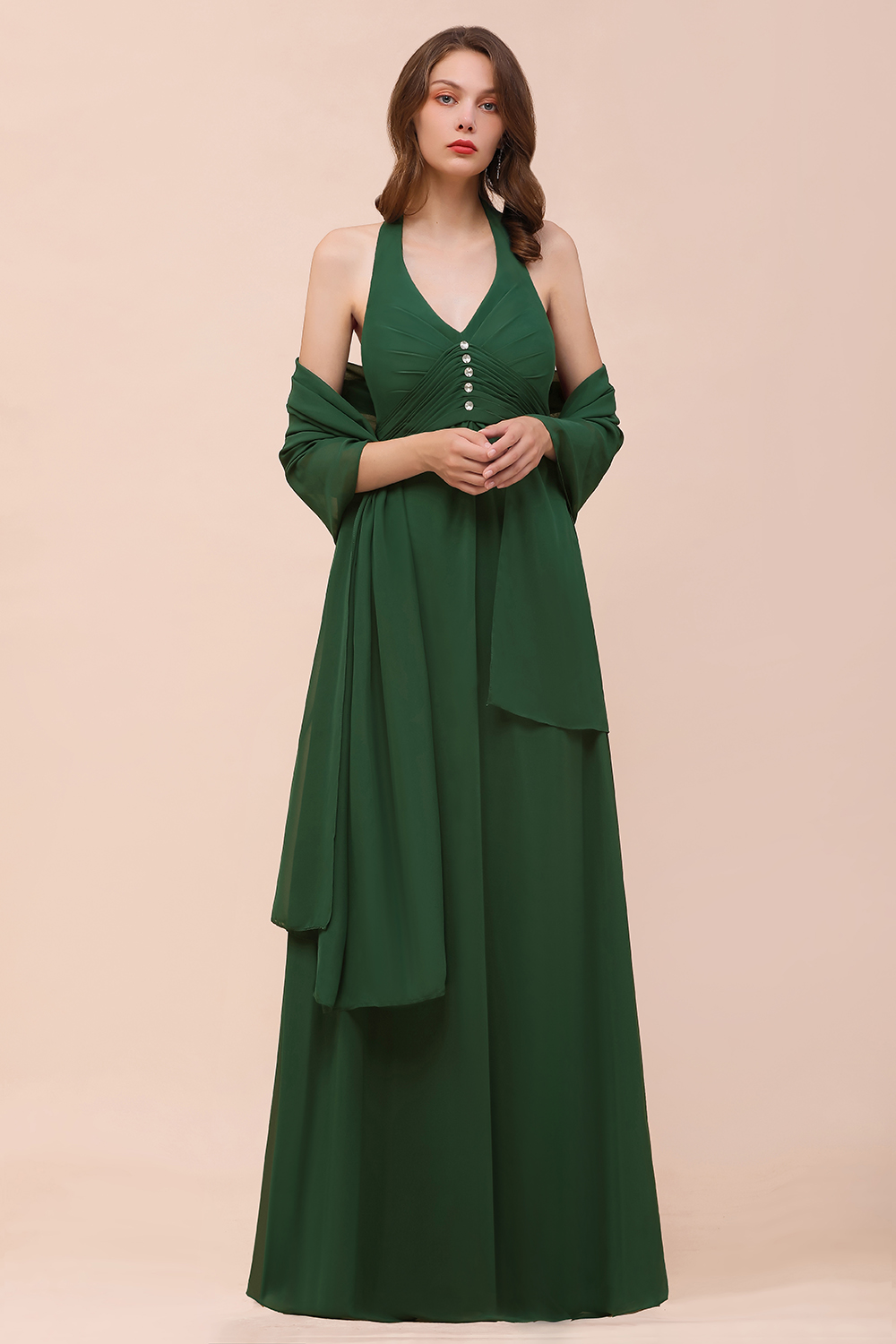 Elegant Halter Deep V-neck A-line Chiffon Bridesmaid Dress With Crystal Embellishment