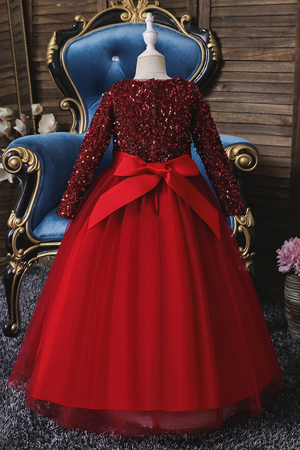 FS9973 Long Sleeve Sequins Burgundy Flower Girl Dress