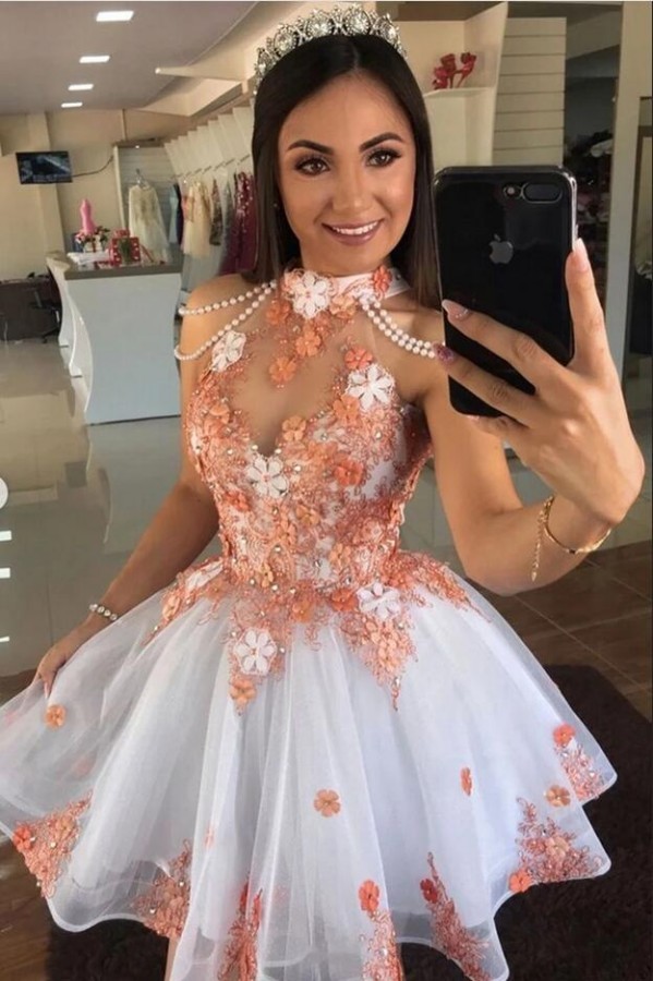 Beautiful High Neck A-line Appliques Lace Pearl Tulle Ruffles Short Prom Dress