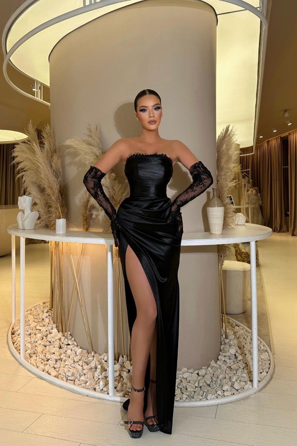 Simple Black Long Mermaid Strapless Satin Formal Prom Dresses with Slit